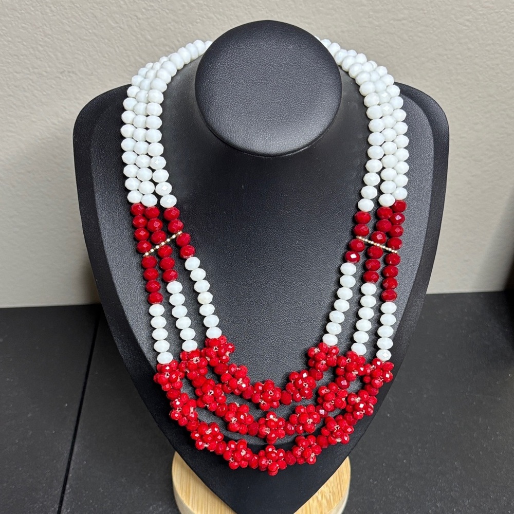 Vintage Faceted Red & White Beaded Statement Necklace